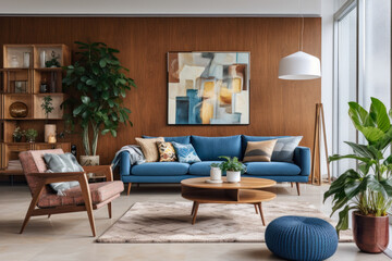 A Cozy and Inviting Living Room Interior in a Harmonious Blend of Blue and Brown Colors