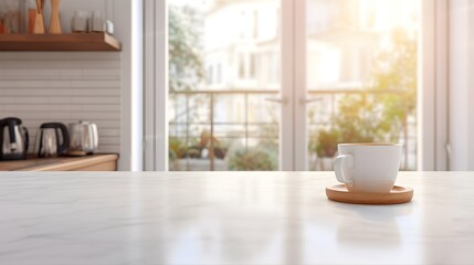 cup of coffee on a kitchen counter top made of white marble