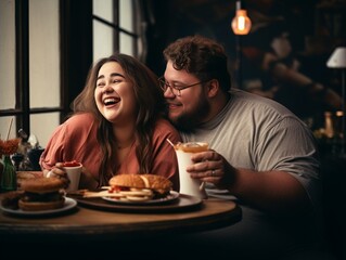 Fototapeta na wymiar Generative AI : Fun happy fat couple sitting on the sofa on a beautiful coffee shop while drinking coffee on a date