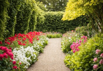 garden path lined with blooming flowers