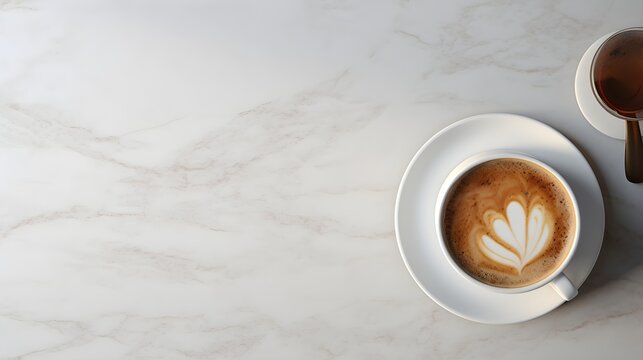 cup of coffee on a kitchen counter top made of white marble