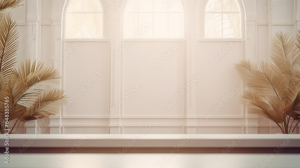 Aufkleber Generative AI : Abstract white studio background for product presentation. Empty room with shadows of window and flowers and palm leaves . 3d room with copy space. Summer concert. Blurred backdrop.