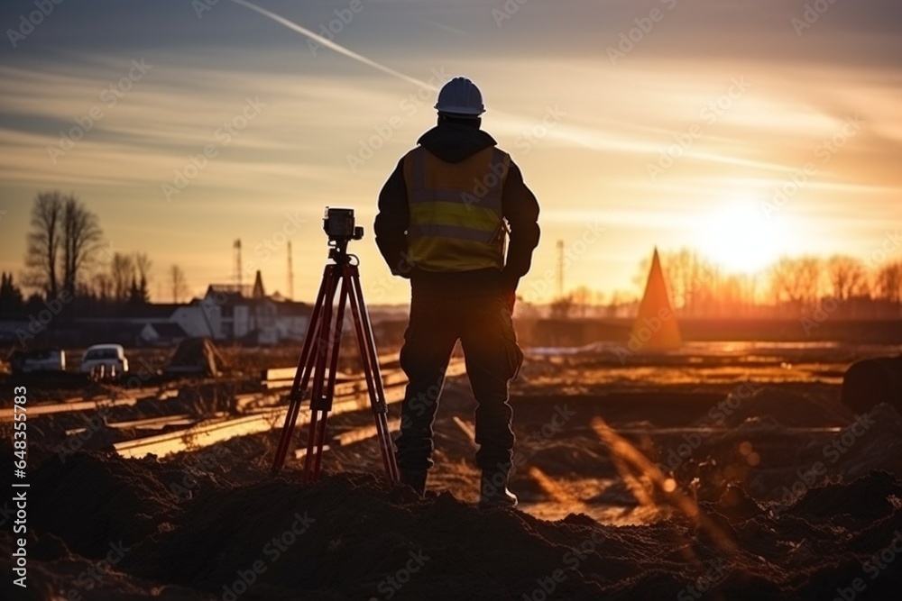 Poster Generative AI : Silhouette of engineer standing in the field construction.