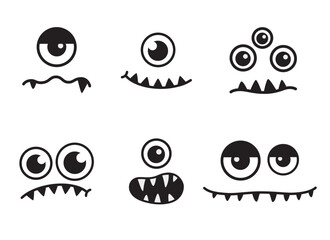 Cute funny halloween monster faces, eyes, mouth with fangs vector illustration set.