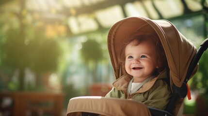 Generative AI : Happy baby sitting in a stroller Blurred background of a shady public garden
