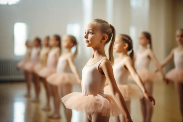 Cercles muraux École de danse Generative AI : Choreographed dance by a group of graceful pretty young ballerinas practicing during class at a classical ballet school