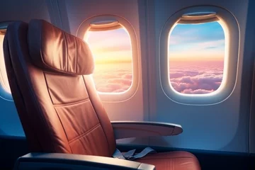 Photo sur Plexiglas Avion Generative AI : Emtry cabin and seat airplane on flight on skyline to destination