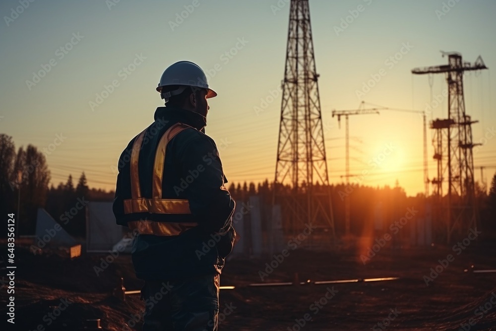 Poster Generative AI : Silhouette of engineer standing in the field construction.
