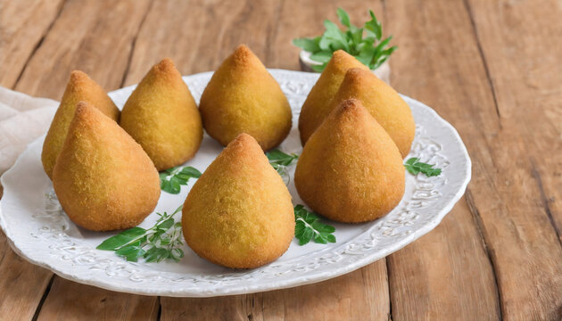 Coxinha Vegana: Uma vers&atilde;o vegana da coxinha brasileira, recheada com um creme de batata, palmito ou jaca verde desfiada, temperos e frito at&eacute; ficar crocante.