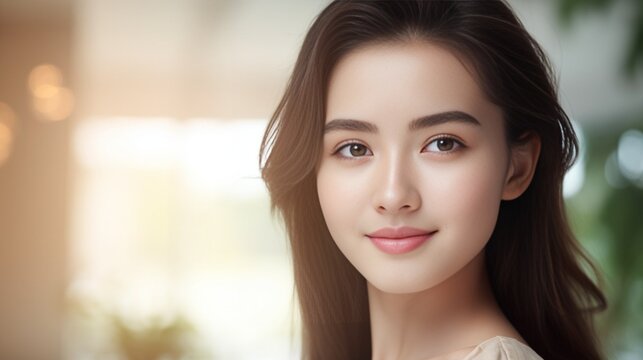 Generative AI : Asian woman with a beautiful face and Perfect clean fresh skin. Cute female model with natural makeup and sparkling eyes on white isolated background. Facial treatment, Cosmetology, be