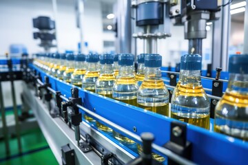 Glass brown bottles of beer on conveyor belt with light, concept brewery plant production line, beer bottling factory