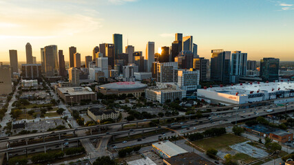 Houston city skyline at sunset