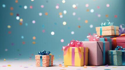 Colorful gifts with ribbons and bows against a backdrop of flying confetti