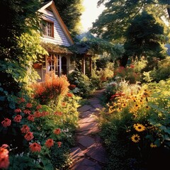 A Cottage Oasis Amidst Wild Home Garden and Pathway. Generative AI 6