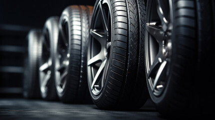 Black new tires on a dark background