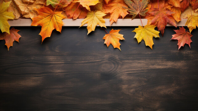 Top view wooden board with autumn maple leaves.