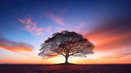 Fototapeta na wymiar Tree silhouette stands tall against colorful evening sky