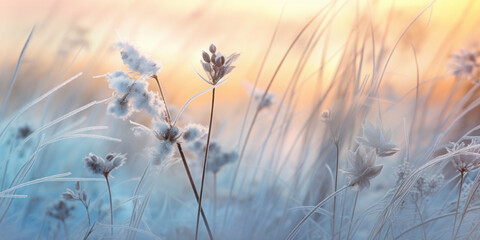 Snowflakes frost on grass with brown lupine, herbs and wheat field