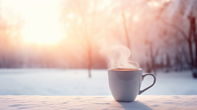 Hot coffee in a white mug on a white table against the backdrop of a snowy morning forest