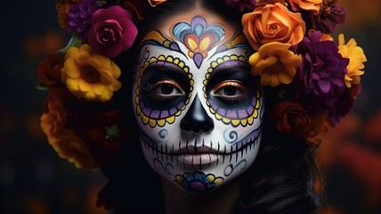 Portrait of a woman in Day of the Dead festival with flowers decorating background.