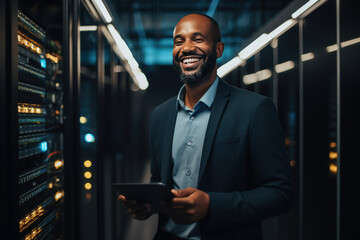 Smiling African American man with a tablet computer stands in the middle of a server room. Collection and storage of large amounts of data. Checks the operation of servers and automation.