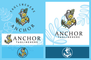 Anchor, flower. Summer illustration, icon set in blue. Marine collection. for tattoos and logos