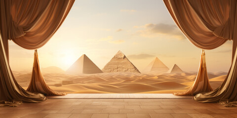 Palace balcony with golden curtains looking into desert and the pyramids.