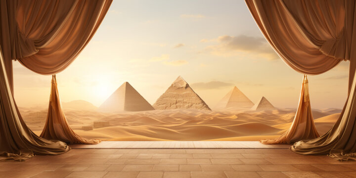 Palace balcony with golden curtains looking into desert and the pyramids.