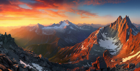 Panoramic view of a mountain range at sunset, Generative AI