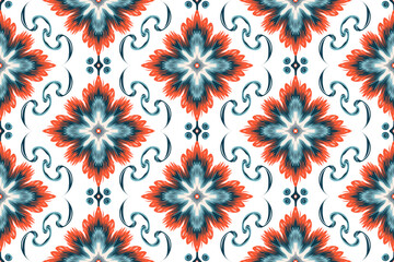 Fototapeta na wymiar Abstract flower ethnic seamless pattern design. Aztec African fabric mandala boho textured textile decorative. Tribal motifs native vector background 