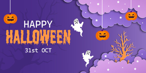 Happy Halloween banner or party invitation background in paper cut style.