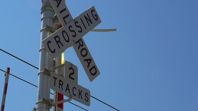 Railroad Crossing Sign Blue Sky Power Lines Day