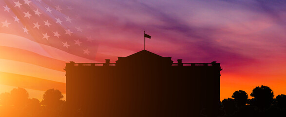 White House silhouette on sunset background.USA. American holiday concept.3d illustration