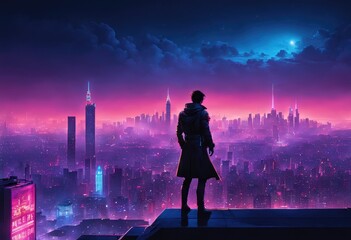 A lone figure standing on a rooftop, overlooking a sprawling metropolis bathed in the glow of neon lights.