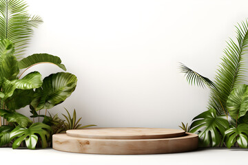 Wooden podium in tropical plants green trees, Blank minimal 3D wooden stage for products display presentation design, ai generate