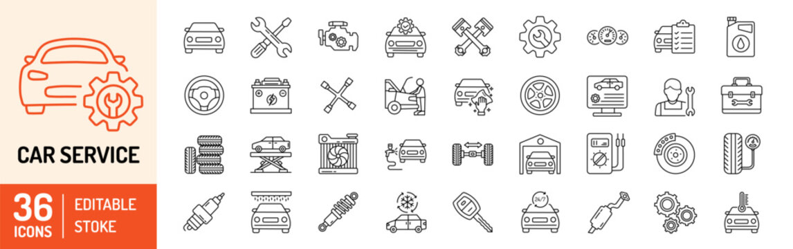 Car Service editable stroke outline Icons set. Service, repair, engine, battery, wheel, diagnostic, mechanic, automobile, maintenance and garage. Vector illustration