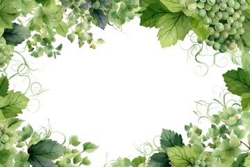 Watercolor Green grapes, leaves and vines on white background, wedding invitation