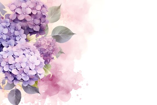 Watercolor Purple Hydrangeas on white background, wedding invitation
