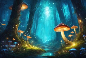 Fototapeta na wymiar A mystical forest with glowing mushrooms and fireflies.