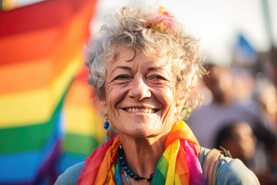 Smiling portrait of a caucasian senior non binary or agender person at a pride parade in the city