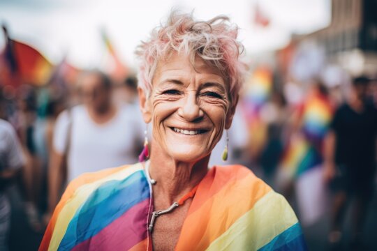 Smiling portrait of a caucasian senior non binary or agender person at a pride parade in the city
