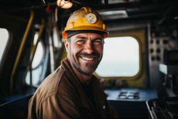 Smiling portrait of a middle aged male oilrig worker working on an oilrig on the pacific ocean