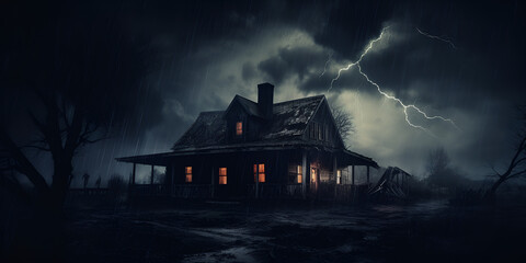 Eerie Wood Cabin in a Swamp
Spooky Dark Landscape with Haunted House
Rural Haunted Wood Mansion in the Mist .Stormy Sky Over a Haunting Scene