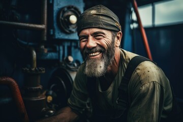 Fototapeta na wymiar Smiling portrait of a middle aged male oilrig worker working on an oilrig on the pacific ocean