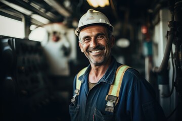 Smiling portrait of a middle aged male oilrig worker working on an oilrig on the pacific ocean