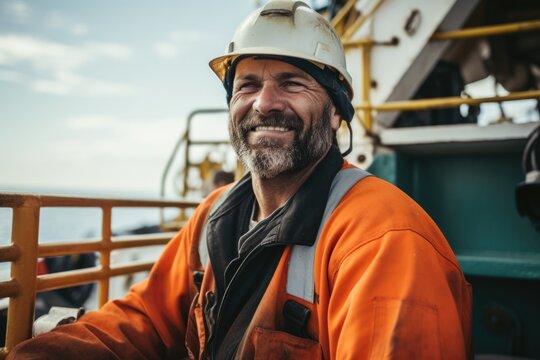 Smiling portrait of a middle aged male oilrig worker working on an oilrig on the pacific ocean