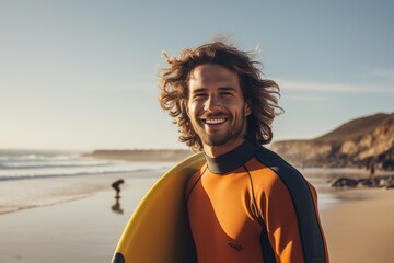 Smiling portrait of a happy male caucasian surfer in Australia on a beach - obrazy, fototapety, plakaty