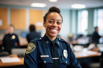 Smiling portrait of a happy female african american police officer in a police station in the USA - obrazy, fototapety, plakaty