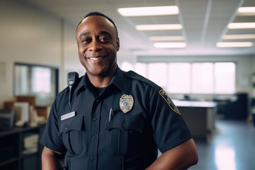 Smiling portrait of a happy male african american police officer in a police station in the USA