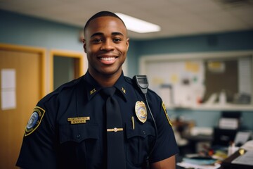 Smiling portrait of a happy male african american police officer in a police station in the USA - obrazy, fototapety, plakaty